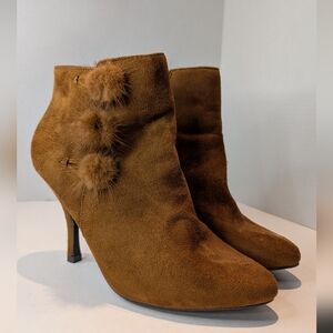 Like New Cato Brown Suede Ankle Boots with Pom Poms